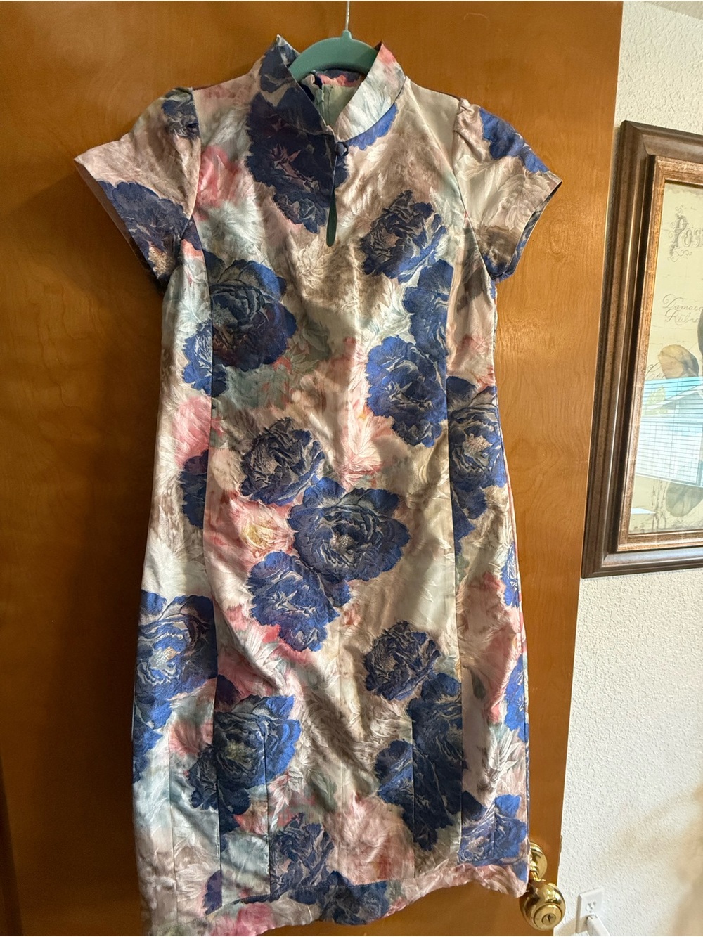Floral Satin Cheongsam-Style Dress in Blue and Pink